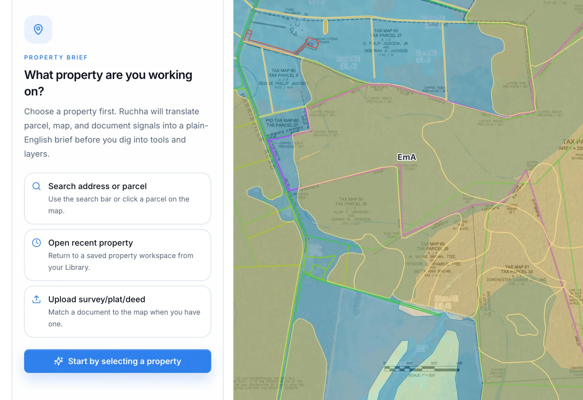 Actual Ruchha property brief interface with parcel map and research tools
